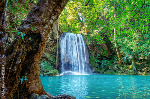 Fototapeta Naklejka Na Ścianę i Meble -  Erawan waterfall in Thailand. Beautiful waterfall with emerald pool in nature.