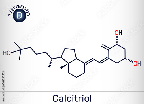 Calcitriol, vitamin D, C27H44O3 molecule. It is hydroxycalciol, member of D3 vitamins and triol.  Structural chemical formula