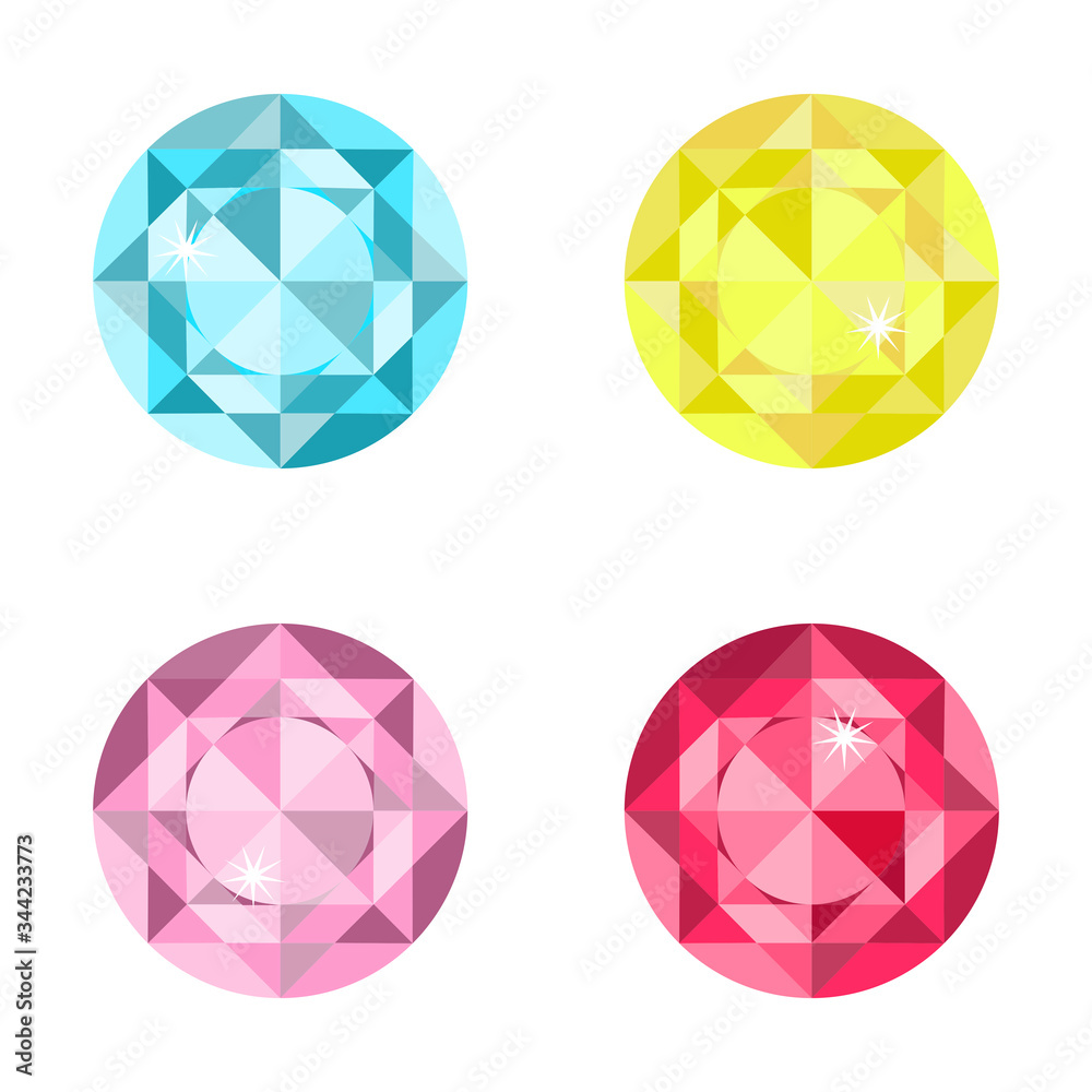 Gems of different colors, four pieces. Buttons in the form of precious stones. Jewelry of different colors. Unique gems. Vector illustration. Stock Photo.