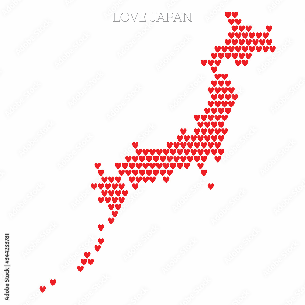 Japan country map made from love heart halftone pattern