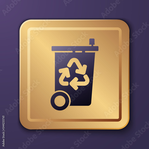 Purple Recycle bin with recycle symbol icon isolated on purple background. Trash can icon. Garbage bin sign. Recycle basket sign. Gold square button. Vector Illustration