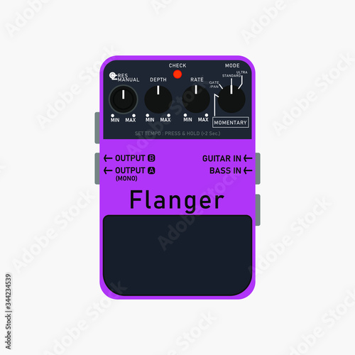 purple vintage flanger guitar stomp box effect, graphic icon design. t-shirt artwork.