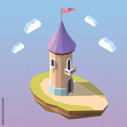 Isometric fantasy castle tower. Game design floating tower concept.