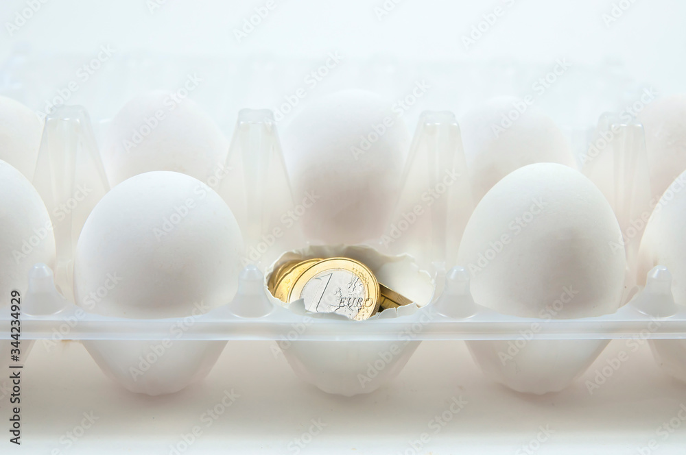 concept profitable business, white eggs on a white background inside a broken egg Euro coins close-up concept profitable business, white eggs on a white background inside a broken egg Euro coins close-up