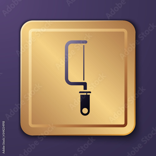 Purple Hacksaw icon isolated on purple background. Metal saw for wood and metal. Gold square button. Vector Illustration