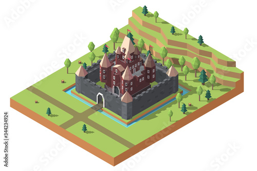 Isometric cartoon castle in woods. Game design fortress concept.