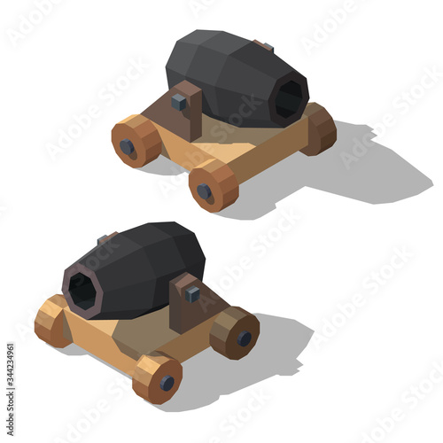 Vector isometric low poly cannon. Siege engine game concept design.