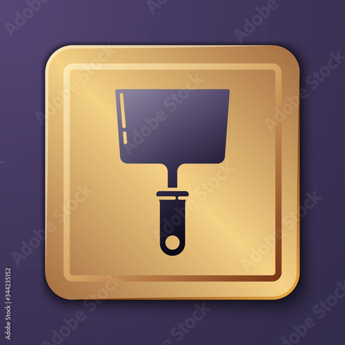 Purple Putty knife icon isolated on purple background. Spatula repair tool. Spackling or paint instruments. Gold square button. Vector Illustration