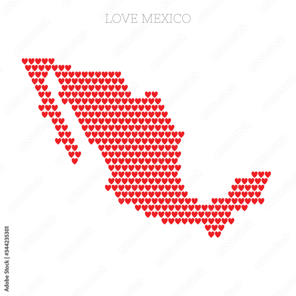 Mexico country map made from love heart halftone pattern
