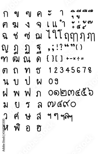 Thai hand drawn consonants.Thai Number.From Zero to Nine.Thai vowels and various Thai symbols.The use of text fonts.