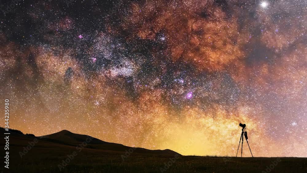 Close up milky way animation. Beautfiul night landscape, silhouette of a camera on the tripod at the starry night and bright milky way galaxy.
