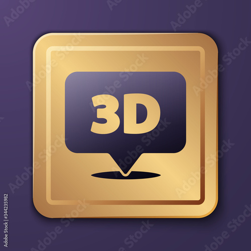 Purple Speech bubble with text 3D icon isolated on purple background. Gold square button. Vector Illustration