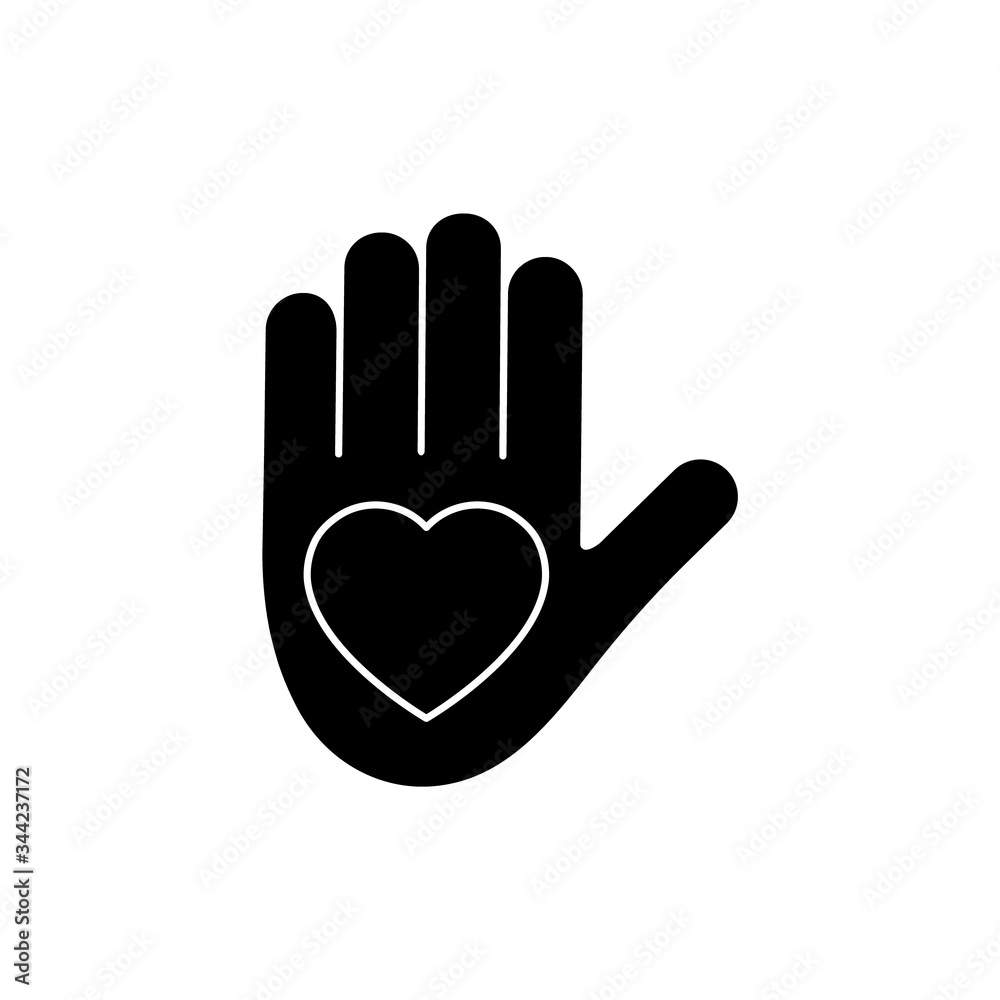 Obraz premium Heart black silhouette icon on the hand isolated on the white background. Voluntary symbol illustration. 