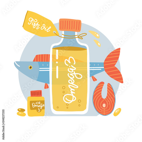 Salmon fish steak, oil bottle, softgel pills concept. Nutrition omega 3 fatty acids salmon fish composition for poster, banner, etc. Flat vector illustration with lettering