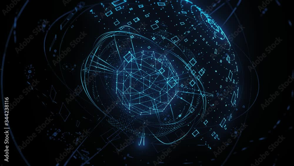 Blue 3d render concept of artificial intelligence. Technology background. Wireframes, particles. Loop animation.
