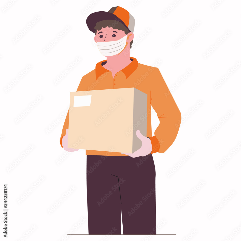 Secure parcel delivery to your home. Mail worker in mask and gloves. Safe service. Flat illustration isolated on a white background. Secure parcel delivery to your home. Mail worker in mask and gloves. Safe service. Flat illustration isolated on a white background.