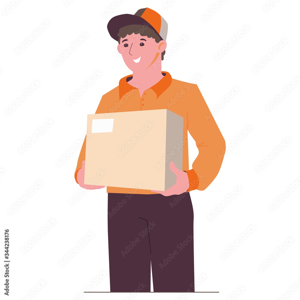 Parcel delivery to your home. Mail worker. Safe service. Flat illustration isolated on a white background. Box in hands