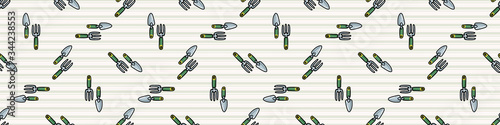 Cute scattered trowel and fork seamless vector border. Hand drawn growing garden for stay home illustration. Equipment for botanical agriculture tools all over print background. 