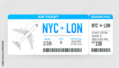 Airline boarding pass tickets to plane for travel journey. Airline tickets. Vector stock illustration.