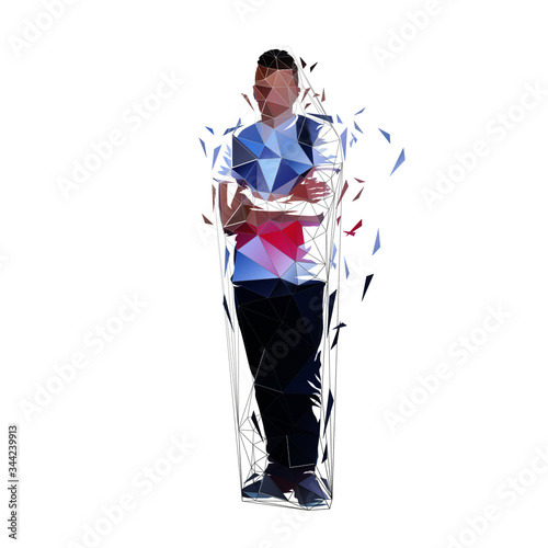 Teenager boy standing with folded arms, low polygonal vector illustration