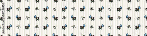 Cute elegant butterfly on floral bloom seamless vector border. Hand drawn growing garden for stay home illustration. Beautiful wildlife on garden flowers all over print background. 