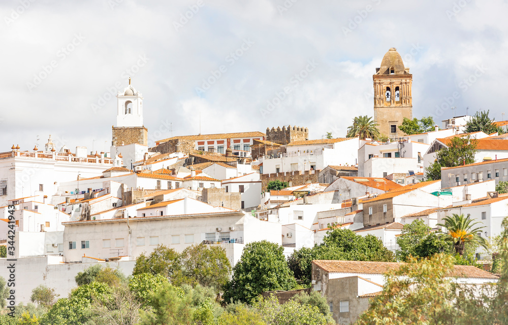 a view of Jerez de los Caballeros city including the Saint Mary of the Incarnation church, province of Badajoz, Extremadura, Spain