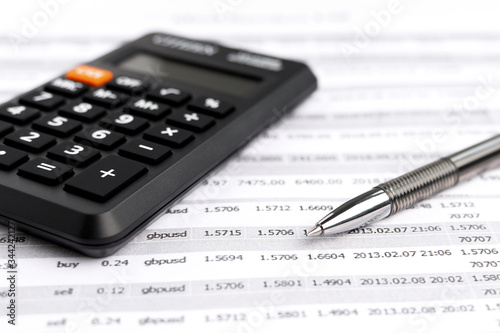 Accounting business concept. Close-up calculator at financial report and pen. © Tatiana Parfenteva