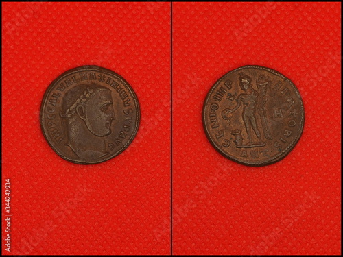 Roman coins on red background. Front and back. Roman. Emperor photo