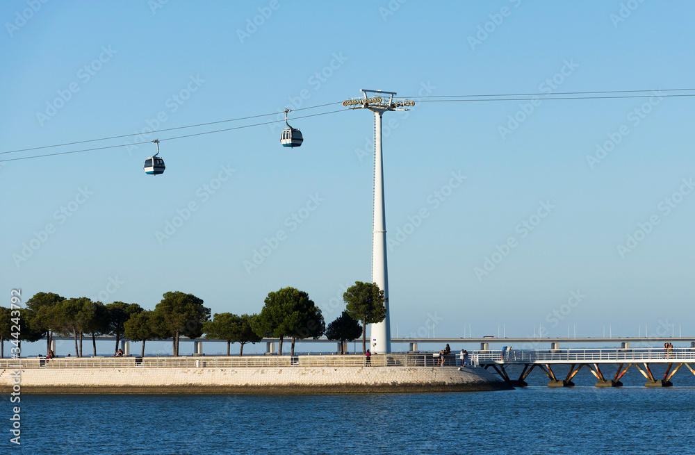Aerial gondolas in the Nations Park in a summer day in Lisbon, Portugal