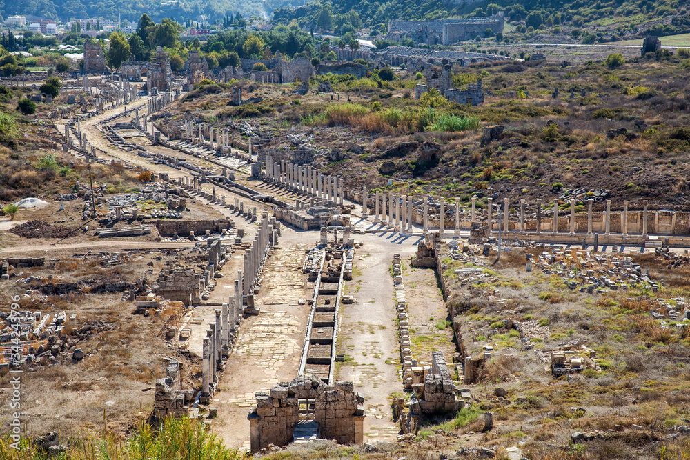 view of the ancient city of Perge in Turkey Antalya.