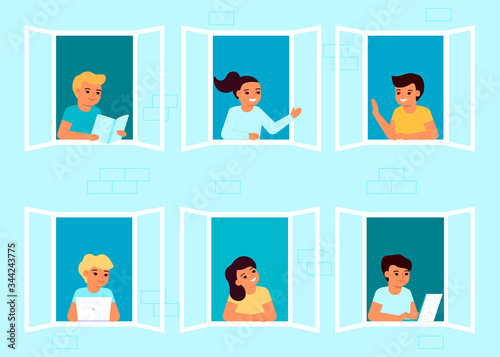 Stay home concept. Children in house. People look out window of apartment. Greeting, smiling and communication of kids neighbors. Self isolation, quarantine during coronavirus. Vector