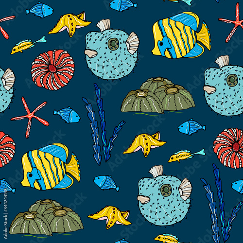 Sea animals  ocean seamless pattern. Shell aquarium background with fish, corral, shells, jellyfish, starfish and algae. Nautical marine illustration