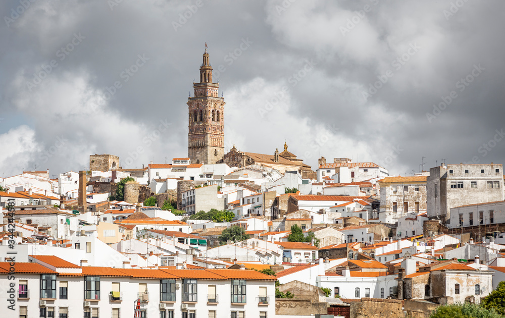 a view of Jerez de los Caballeros city including the San Bartolome church, province of Badajoz, Extremadura, Spain