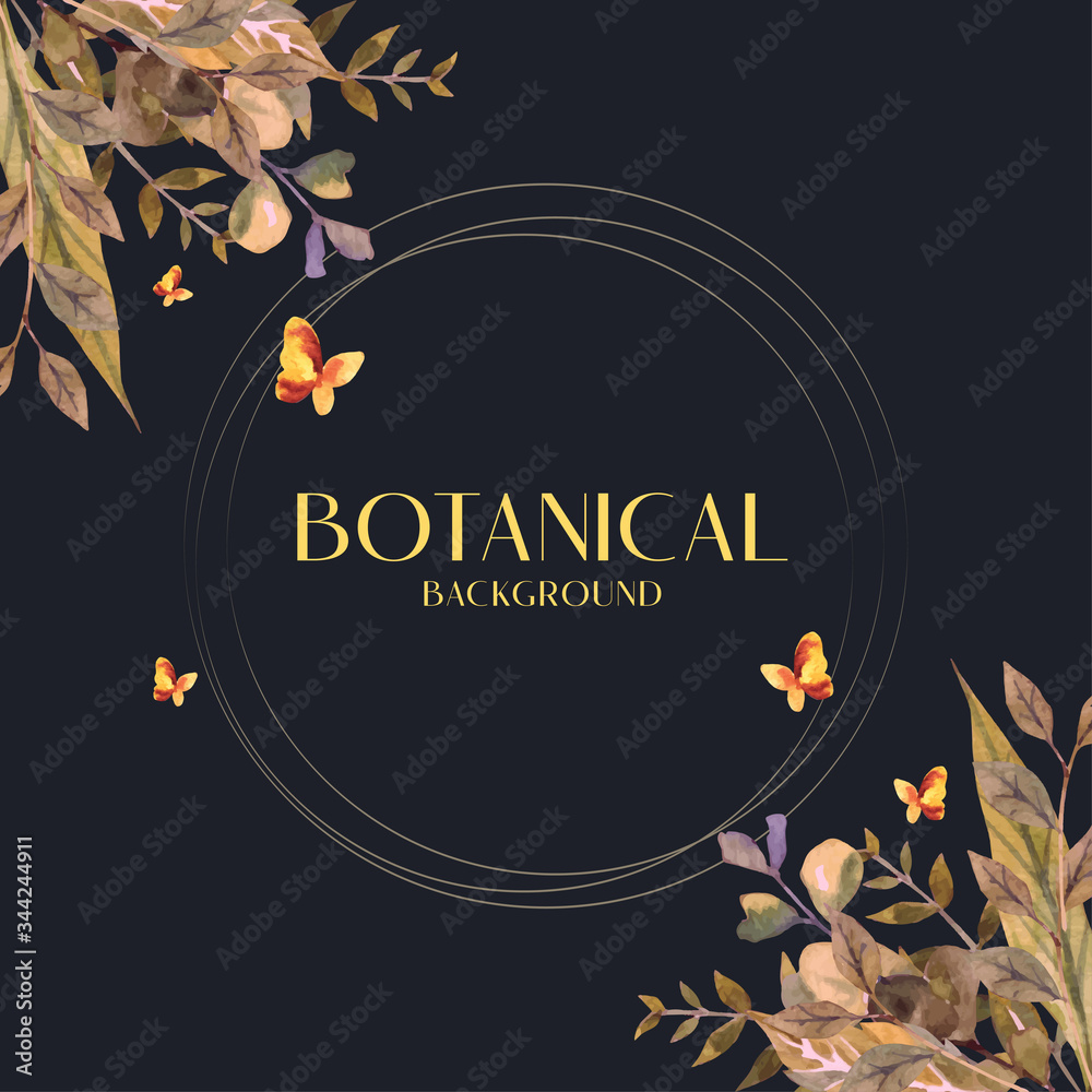 Fototapeta premium Water color leaf and floral element botanical style with orange butterfly with gold circle design on dark background in golden theme illustration vector. Suitable for wedding element.