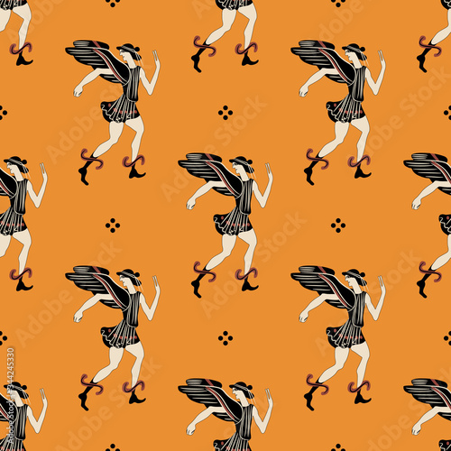 Seamless pattern with silhouettes of god Hermes or Mercury. Ancient Greek vase painting style.