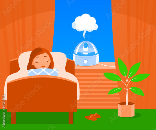 A young girl sleeps in bed at night under the covers. A humidifier is turned on on the window. Cozy home room. Vector cartoon illustration.