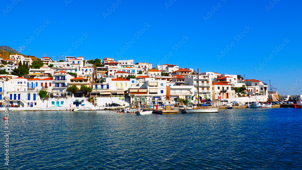 view of the fishing port of Batsi, on the island of Andros, famous Cyclades island in the heart of the Aegean Sea