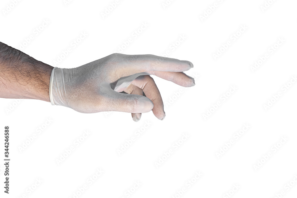 Hand in medical glove trying to touch something as design concept isolated at white background, details, closeup