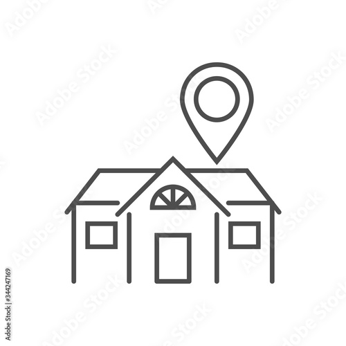 Stay Home related vector thin line icon. House with a navigation position sign . Isolated on white background. Editable stroke. Vector illustration.