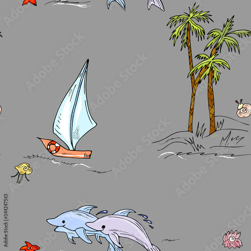 Marine, adventure seamless pattern. Sea background, dolphins, ship, island with palm trees. For fabric, print, wallpaper, children's clothing.