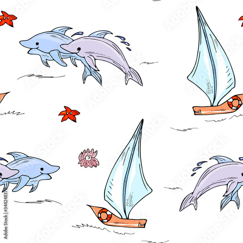 Marine, adventure seamless pattern. Sea background, dolphins, ship. For fabric, print, wallpaper, children's clothing.