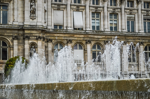 Paris Hotel de Ville (Paris City Hall) and its Fountains close up