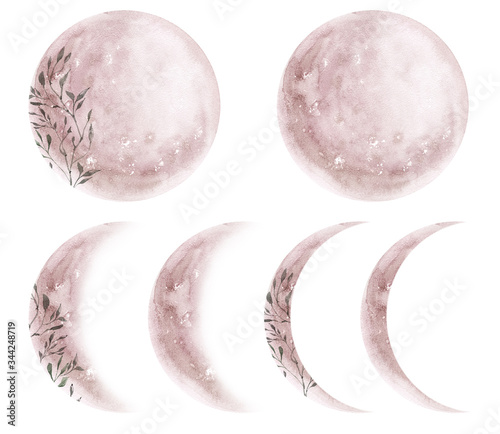 Watercolor pink moon phases set isolated on white background. Watercolor hand drawn earth satellite moon. Magic abstract illustration. Pink floral planet ball photo