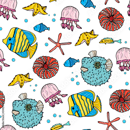 Sea animals  ocean seamless pattern. Shell aquarium background with fish, corral, shells, jellyfish, starfish and algae. Nautical marine illustration