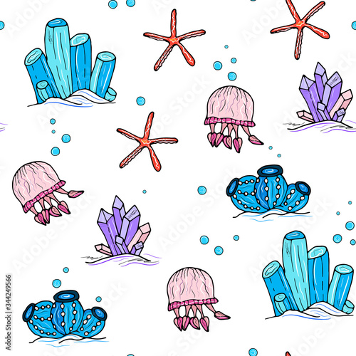 Sea animals  ocean seamless pattern. Shell aquarium background with fish, corral, shells, jellyfish, starfish and algae. Nautical marine illustration