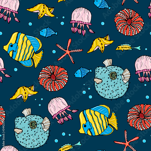 Sea animals  ocean seamless pattern. Shell aquarium background with fish, corral, shells, jellyfish, starfish and algae. Nautical marine illustration