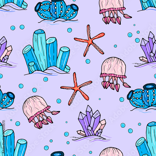 Sea animals  ocean seamless pattern. Shell aquarium background with crystal, corral, shells, jellyfish, starfish and algae. Nautical marine illustration