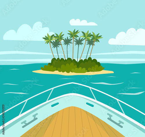 The boat approaches a tropical island in the sea. View from the bow of the boat. Vector flat style illustration.