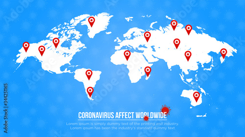 Coronavirus (COVID-19) epidemic pandemic outbreak & affected world location map with pin illustration background, 2019 virus spread the worldwide lockdown whole earth