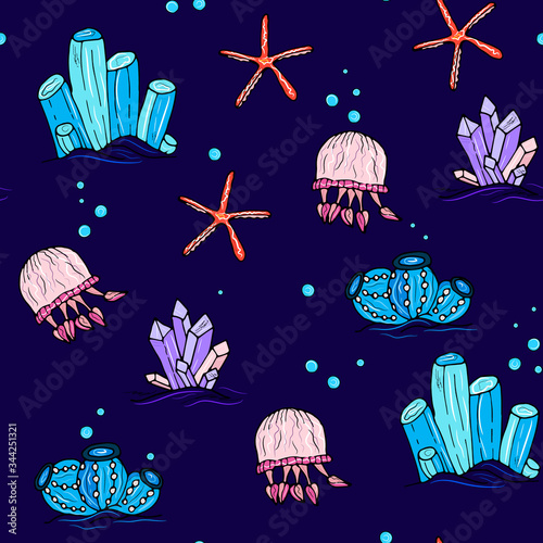 Sea animals  ocean seamless pattern. Shell aquarium background with fish, corral, shells, jellyfish, starfish and algae. Nautical marine illustration
